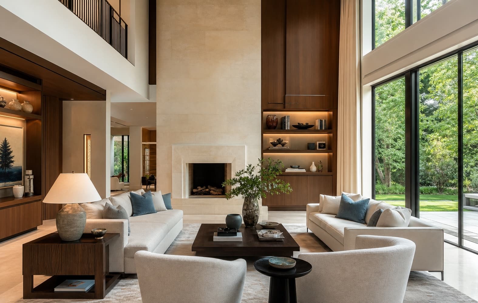 Refined mansion living room with warm wood details and garden views